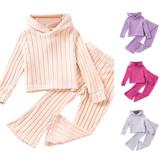 Girls Outfits 2 Piece Set Soft Knit Hoodie and Pants Comfy Casual Fall Spring Toddler Kids Clothes Ribbed Texture Wear Sweat Outfits for Girls 2-3 Years