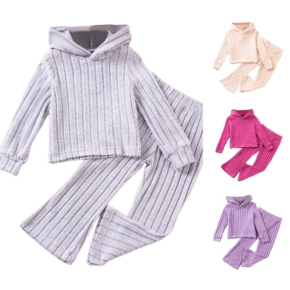 Girls Outfits 2 Piece Set Soft Knit Hoodie and Pants Comfy Casual Fall Spring Toddler Kids Clothes Ribbed Texture Wear Sweat Outfits for Girls 5-6 Years
