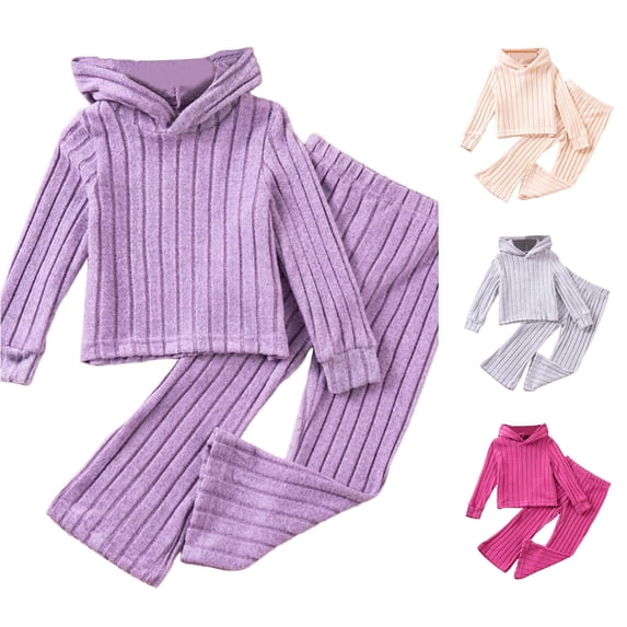Girls Outfits 2 Piece Set Soft Knit Hoodie and Pants Comfy Casual Fall Spring Toddler Kids Clothes Ribbed Texture Wear Sweat Outfits for Girls 6-7 Years