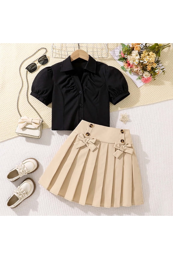 Girls Outfits 2 Piece Short Sleeve Solid Button Down Collar Shirt Bowknot Pleated Skirt for Big Kids Preppy School Set Size 10-11Y