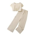 thumbnail image 1 of Girls Outfits 2 Piece Solid Print Crew Neck Short Sleeve Ruched Cropped Top And Trousers Daily Wear Girls' Clothing Sets 8 Years, 1 of 6