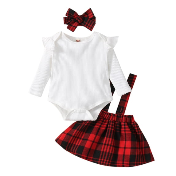 Girls Outfits 3 Piece Ruffle Solid Print Long Sleeve Crew Neck Onesie Overall Skirt Headband Daily Wear Girls' Clothing Sets 3 Months-6 Months