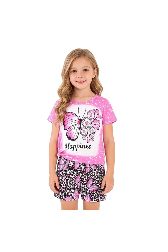 Girls Outfits Adorable Printed Top and Leopard Pattern Short Two Piece Set for Toddler Kids Girls Designed for Backyard Play and Casual Outdoor Outings Pink 120