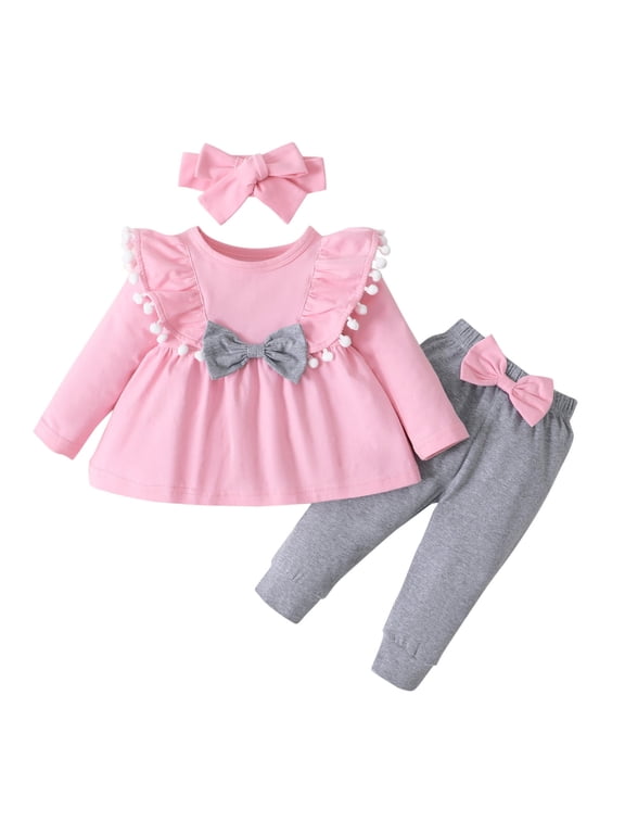 Girls Outfits Blend Long Sleeve Bowknot Tassel Tops Pants Headbands Set Baby Girls' Clothing Sets Pink 3 Months-6 Months