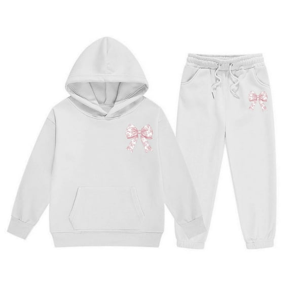 Girls Outfits Bow Print Long Sleeve Loose Hoodie Pants Child Outdoor Stylish Autumn Winter Loose Comfy Outfit Set