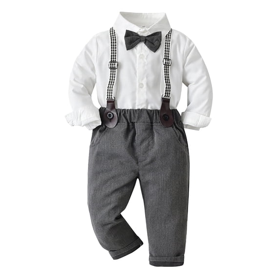 Girls Outfits Boys Long Sleeve Shirt Pants 3Pcs Child Kids Gentleman Bowtie Fall Winter Overalls Grey Outfit Sets Sizes 2-3 Years