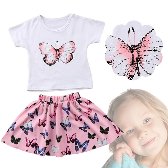 Girls Outfits Butterfly Print Short Sleeve Top Skirt 2 Piece Girls' Clothing Sets White 18-24 Months