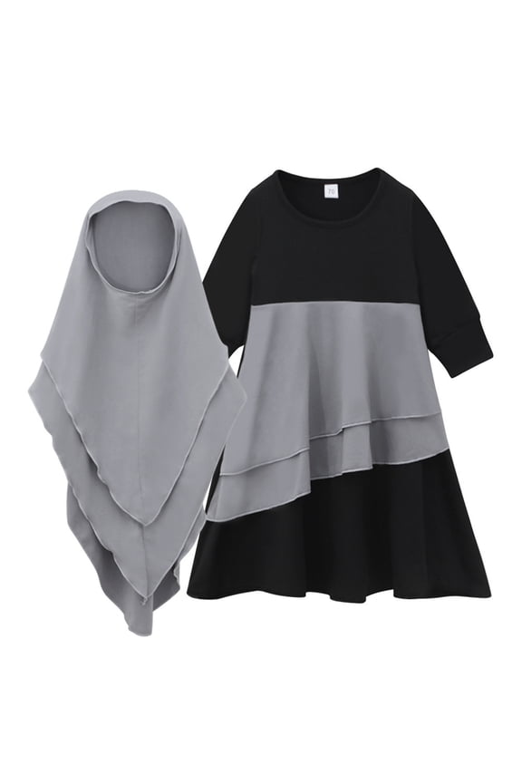 Girls Outfits Clothes Abaya Hijab Full Length Robe Burka Maxi Color Block Dresses Girls' Clothing Sets