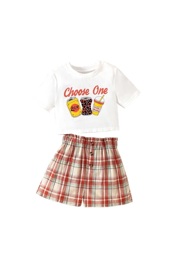 Girls Outfits Clothes Cartoon Beverage Print Checkered Shorts Spring Casual Sets Workout Clothing