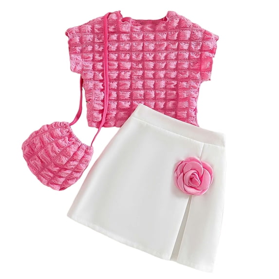 Girls Outfits Clothes Popcorn Top 3D Floral Skirt Elegant Includes Crossbody Sets Workout Clothing