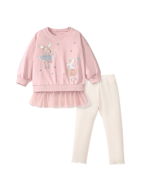 Girls Toddler Outfits Set Mouse Fairies Cotton Pink Sweatshirt with Tulle Skirts and Cream Leggings 2 Pieces Sets Sizes 6T