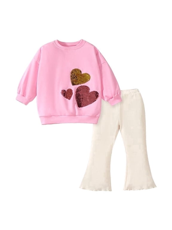 Girls Toddler Outfits Set Pink Sequin Heart Cotton Sweatshirt with Leggings Playwear 2 Pieces Sets Sizes 5T