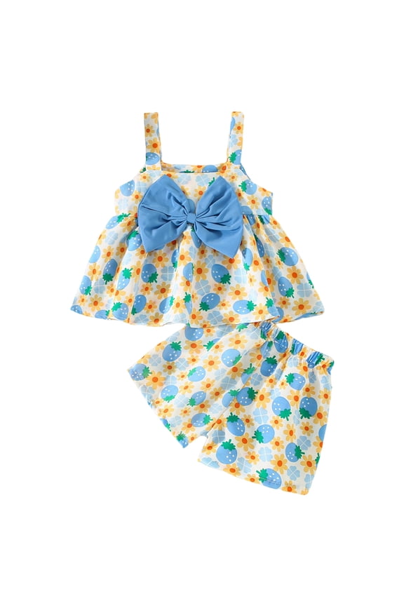 Girls Outfits Clothes Sleeveless Bowknot Strawberry Prints Tops Shorts Two Piece Sets Workout Clothing