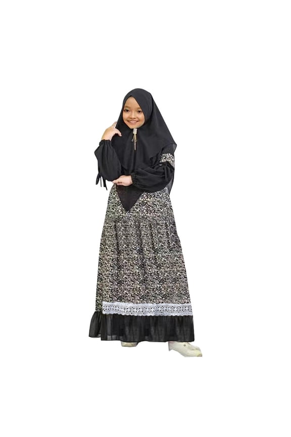 Girls Outfits Floral Abaya Full Length Robe Burka Maxi Dresses Girls Sweatsuit,Black,Size 11 -12 Years