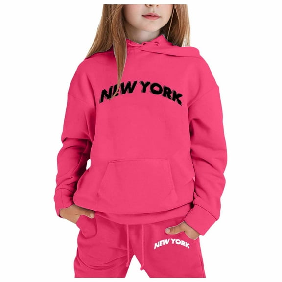 Girls Outfits Girls New York Athletic Joggers Sweatsuit Letter Print Long Sleeve Hoodie Pants Kids Clothes Girls Hot Pink 2 Years-3 Years