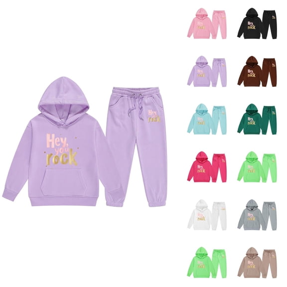 Girls Outfits Girls Sets Children's Middle And Large Children's Long Sleeved Letter Print Hooded Top Sweater Pants Set
