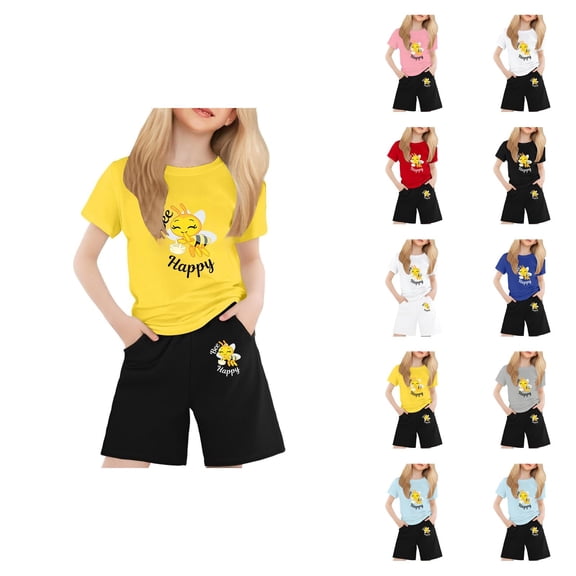 Girls Outfits Girls Sets Children's Short Sleeved Festival Series Printed Color Comfortable Round Neck T Shirt Two Piece Set (2 13 Years )