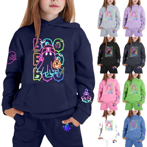 Girls Outfits Halloween Multi Tone Spooky Ghost Pant Set Pumpkin Farm Sightseeing Neighborhood Parade Toddler Pant Sweatsuit