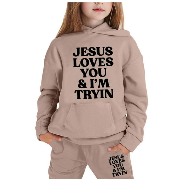 Girls Outfits Kids Athletic Joggers Jesus Lettwer Print Long Sleeved Hoodie Pullover Set Cute Girl Clothes Khaki 8 Years-9 Years