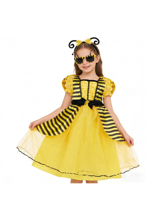 Girls Outfits Kids Bee Print Square Collar Short Sleeve Bodice with Knee Length Mesh Tutu Skirt Festival Costume for Performances Yellow 5 Years-6 Years