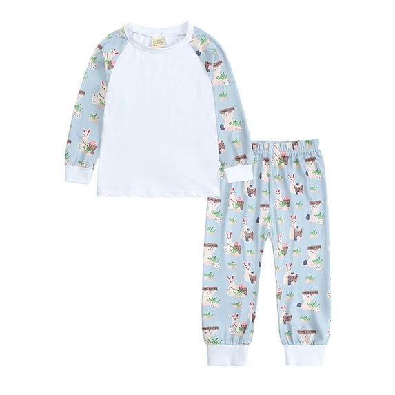 Girls Outfits Kids Bunny-Egg Long Sleeve Easter Sleepwear Pajamas Tops Pants Set Baby Girl Clothes Blue