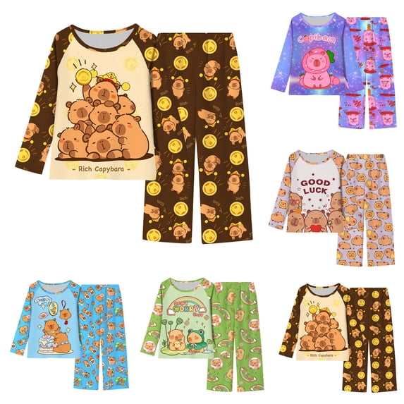Girls Outfits Kids Capybara Print Long Sleeve Top and Pants Cozy Loungewear Set Baby Clothes for Girls Coffee 2-3 Years