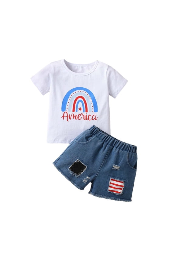 Girls Outfits Kids' Rainbow Letter Print T Shirt Ripped Denim Shorts Casual 2 Piece Set Clothes