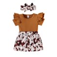 thumbnail image 1 of Girls Outfits Kids Summer Fly Sleeve Ruffle Printed Tops Shorts Headbands Set Baby Girl Clothes Brown 12 Months-18 Months, 1 of 1