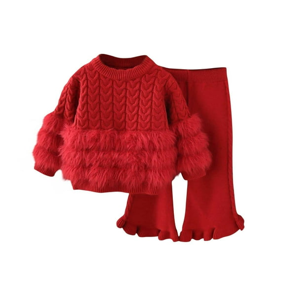 Girls Outfits Knitted Soft Comfy Cardigan Sweater Tops and Bell Bottom Pants Fall Winter Clothes Set for Girls (2 Years, Red)