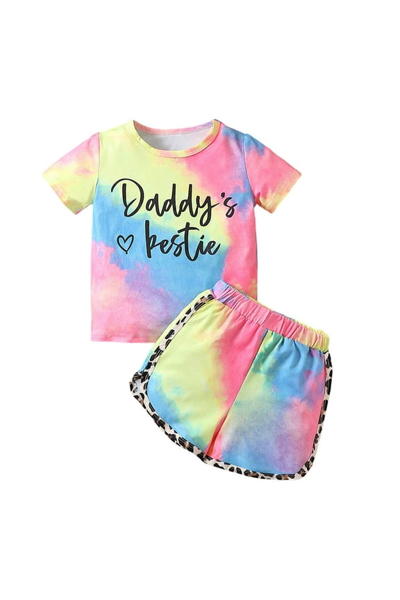 Girls Outfits Leopard Print Tie Dye Two Piece Short Sleeve With Letter Details Girls' Clothing Sets