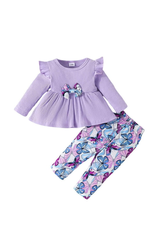 Girls Outfits Long Sleeve Butterfly Print Tops And Pants Two Pieces Set Toddler Girl Clothes Purple 18 Months-24 Months