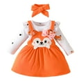 thumbnail image 1 of Girls Outfits Long Sleeve Cartoon Print Romper Suspenders Skirts Bow Tie Headbands Baby Clothes Orange 12 Months-18 Months, 1 of 3
