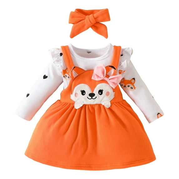 Girls Outfits Long Sleeve Cartoon Print Romper Suspenders Skirts Bow Tie Headbands Baby Clothes Orange 12 Months-18 Months