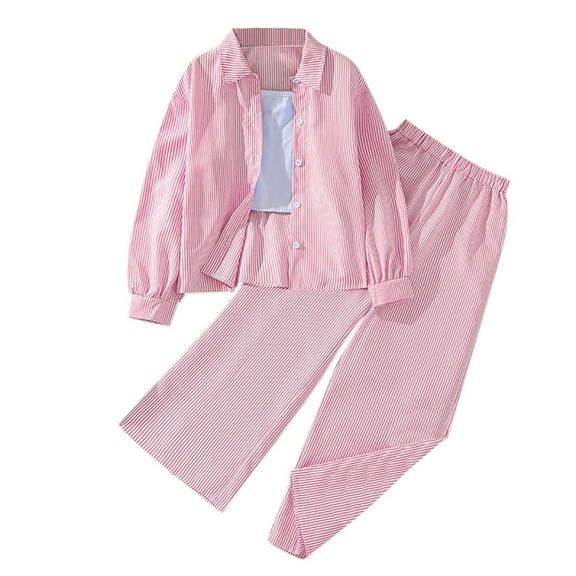 Girls Outfits Long Sleeve Striped Button Down Shirt Tops Pants Casual Loose Set Toddler Girl Clothes Red 9-10 Years