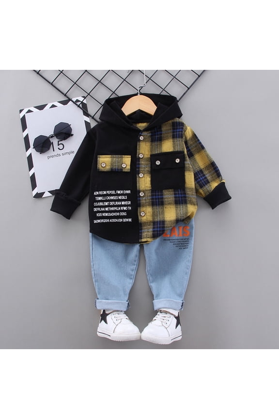 Girls Outfits Patchwork Plaid Prints Long Sleeve Hooded Tops With Jeans 2 Pcs Girl Clothes Yellow 6-12 Months