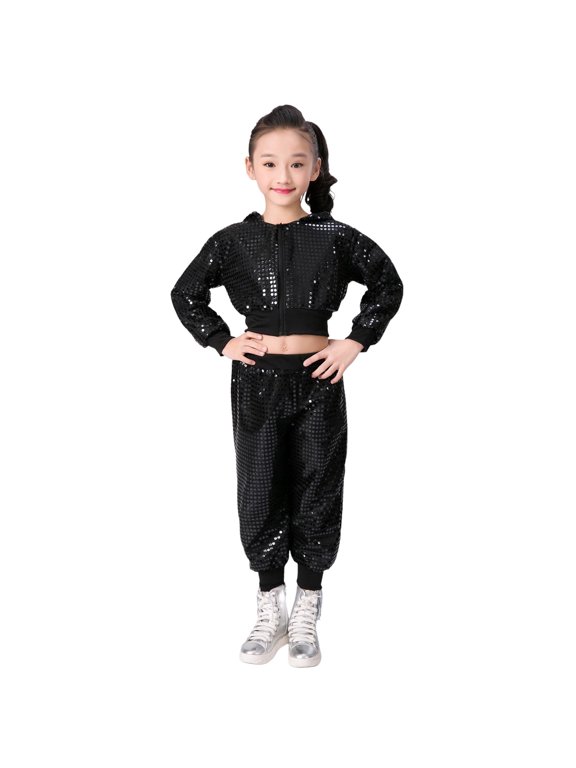 Girls Outfits Sequin Glitter Perform Clothes Sets Long Sleeve Zipper Jacket Coat Top Pants 2 Piece Outfit Set
