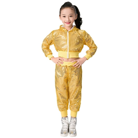 Girls Outfits Sequin Glitter Perform Clothes Sets Long Sleeve Zipper Jacket Coat Top Pants 2 Piece Outfit Set