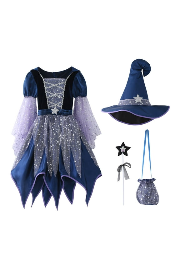 Girls Outfits&Set Children's Halloween Stage Play Performance Dress Hat Bag Stick Four Piece Outfits Set For Kids Clothes