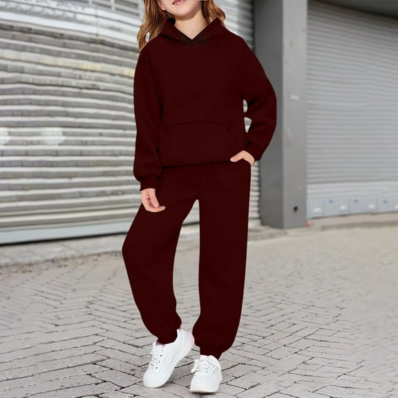 Girls Outfits Set Cozy Girls Long Sleeve Hooded Jogger Two Piece Outfit Soft Comfy Athletic Loungewear For Toddler Youth Kids Playwear Wine 90