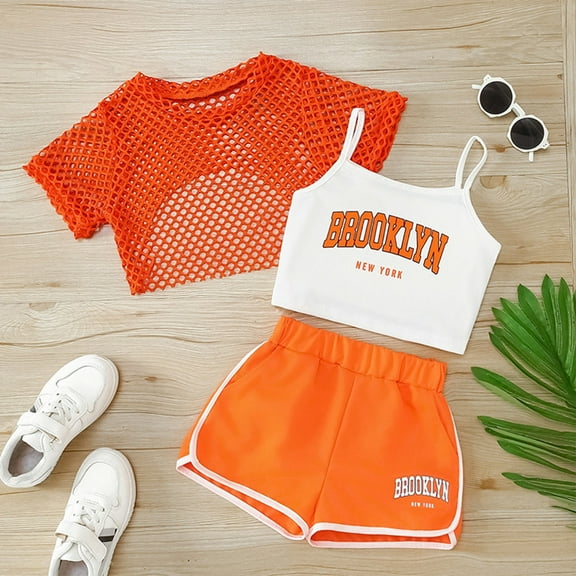 Girls Outfits Set Girls Summer Outfits 3 Piece Set Casual Loose Fit Sleeveless Top Shorts Combo For Outdoor Activities Age 8 14 Comfortable Breathable Playwear Orange 7-8 Years