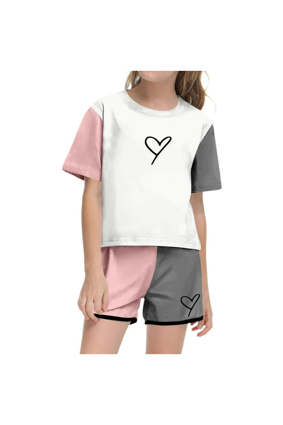 Girls Outfits Set for Girls Summer Short Sleeve Top And Shorts Set Round Neck Pocket Casual Outfit For Teens And Juniors Lightweight And Comfortable Cute casual clothes Set Grey 160(13-14 Years)