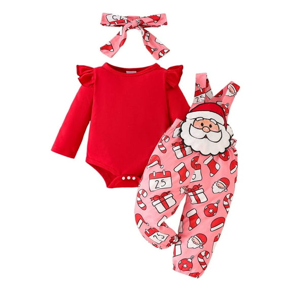 Girls Outfits Set Girls Christmas Long Sleeve Romper Bodysuit Xmas Cartoon Santa Embroider Suspender Pants Outfits 12 Months-18 Months