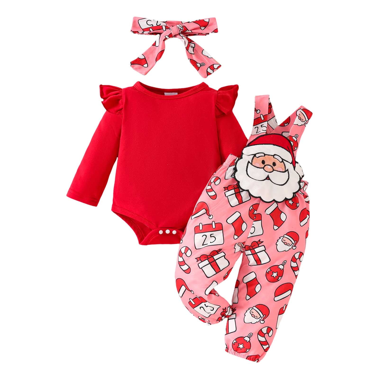 Girls Outfits Set Girls Christmas Long Sleeve Romper Bodysuit Xmas Cartoon Santa Embroider Suspender Pants Outfits 6 Months-9 Months