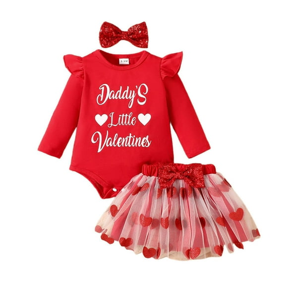 Girls Outfits Set Girls Valentine's Day Long Sleeve Romper Bodysuit Bowknot Skirts Outfits Red 0 Months-3 Months