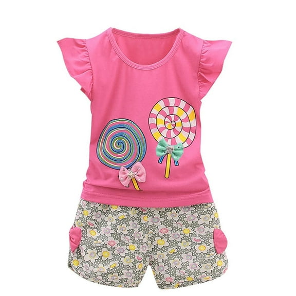 Girls Outfits Set Ruffle Sleeve Cartoon T Shirt Floral Shorts Cute Clothes Sets