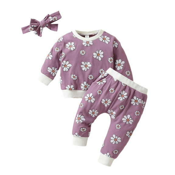 Girls Outfits Set Toddler Girls Winter Long Sleeve Cartoon Flower Prints Tops Pants Headband 3PCS Outfits Clothes Set 12 Months-18 Months