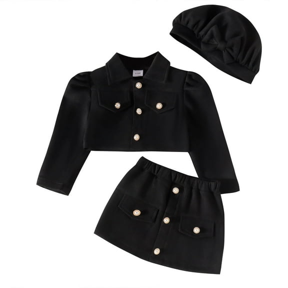 Girls Outfits & Set Toddler Kids Baby Girls Long Sleeve Jacket Coat T Shirt Tops Bow Button Skirts 3PCS Clothing