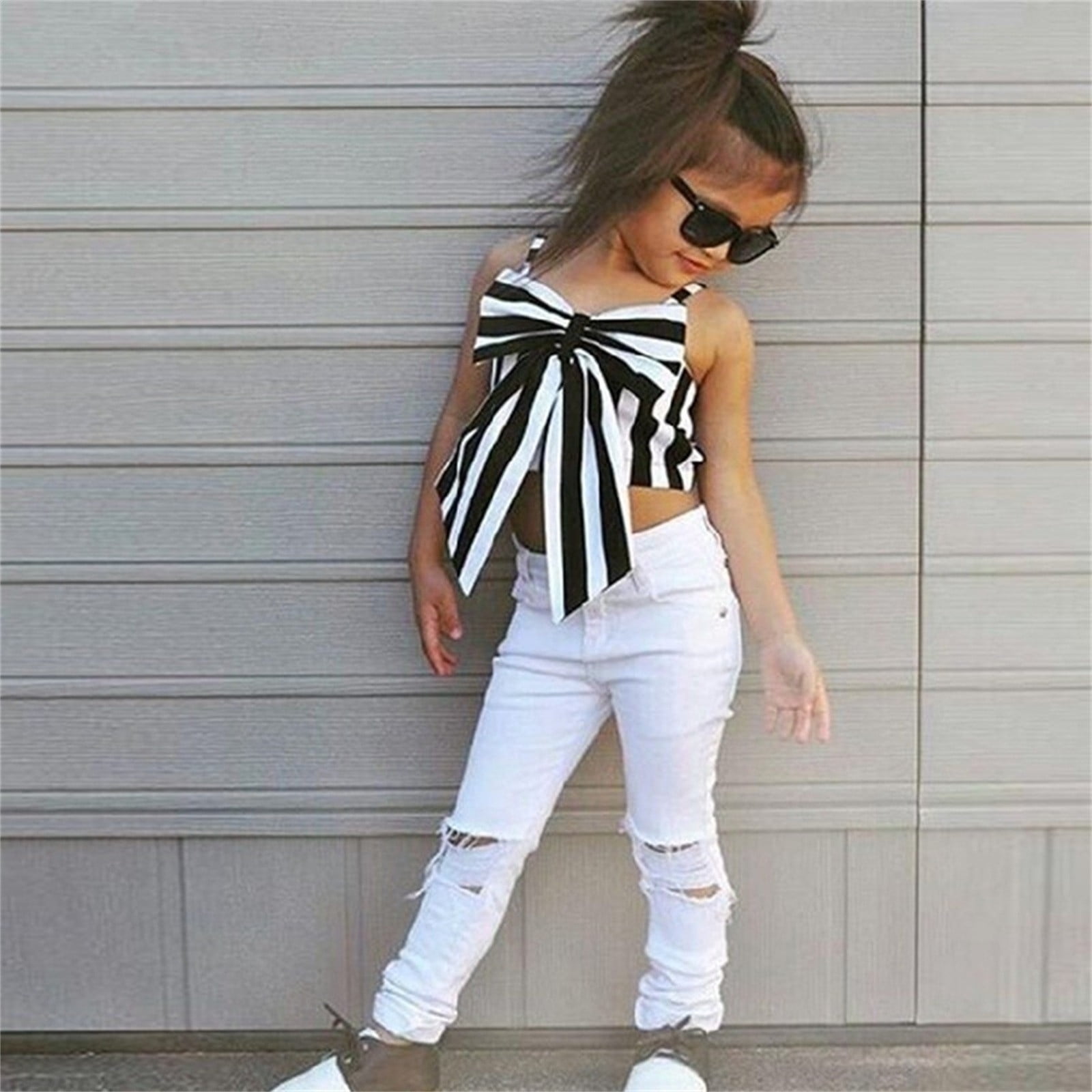 Girls Outfits Set Toddler Kids Big Bowknot Strap Striped T Shirt Tops Hole  Long Pants Leggings 2PCS Clothes Sets 