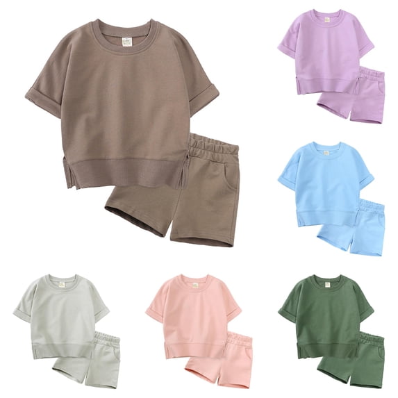 Girls Outfits&Set - Toddler Kids Boy Girl Solid Pullover Short Sleeve Sweatshirt T Shirt Crewneck Tops Shorts Set for Spring and Summer