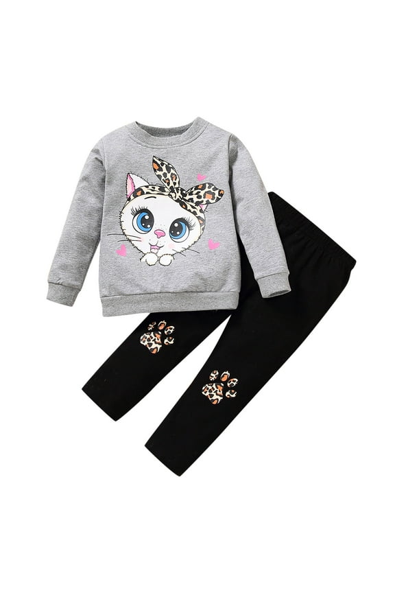 Girls Outfits&Set Toddler and Kids Two-Piece Leopard Print Long Sleeve Tops and Pants Set for Baby Girls – Cute Cartoon Animals Blouse and Trousers Outfit